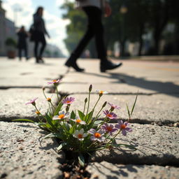Flowers growing through a crack in the pavement, with silhouetted characters in the background