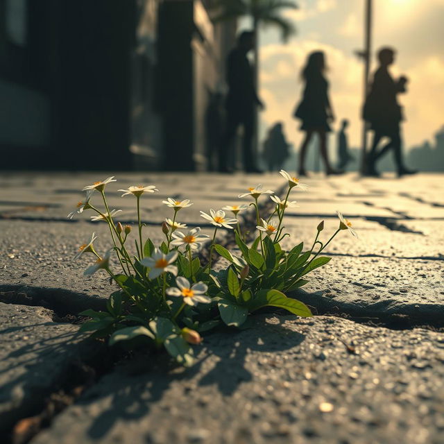 Flowers growing through a crack in the pavement, with silhouetted characters in the background