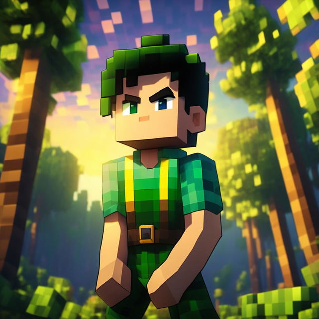 A cinematic Minecraft portrait of Gon from Hunter x Hunter