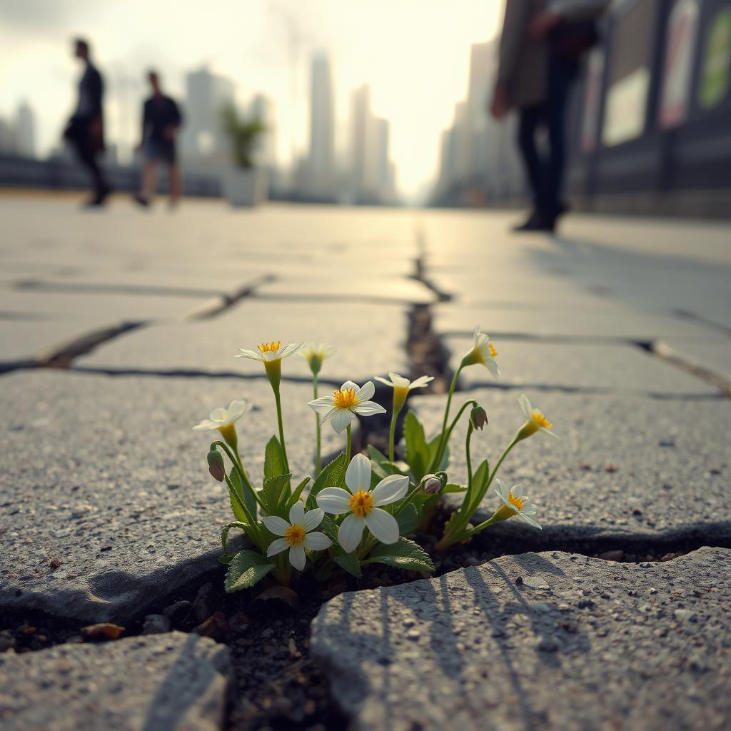 Flowers growing through a crack in the pavement, with silhouetted characters in the background