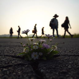 Flowers emerging from a crack in the pavement, set against a backdrop of silhouetted characters