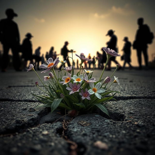 Flowers emerging from a crack in the pavement, set against a backdrop of silhouetted characters