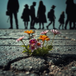Flowers emerging from a crack in the pavement, set against a backdrop of silhouetted characters