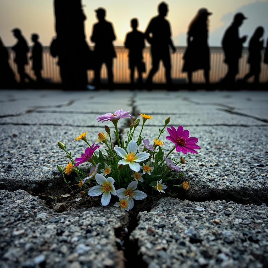 Flowers emerging from a crack in the pavement, set against a backdrop of silhouetted characters