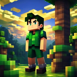 A cinematic Minecraft portrait of Gon from Hunter x Hunter