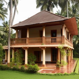 Generate an image of a traditional Kerala house design. The architectural characteristics should include a sloping roof, wooden pillared verandas, internal courtyards surrounded by rooms, intricate wooden carvings and surrounded by natural greenery.