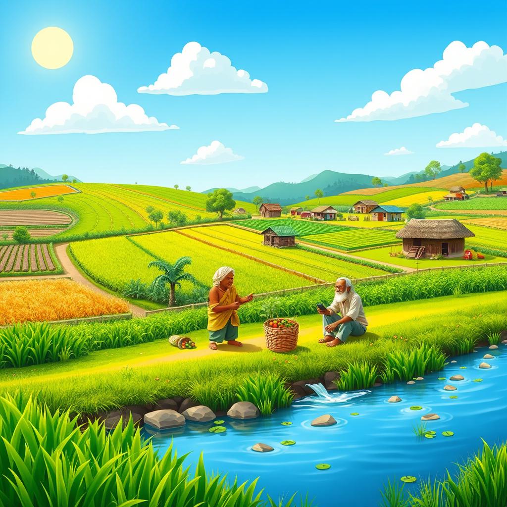 An idyllic rural scene depicting a vibrant village with flourishing farms and fields under a sunny blue sky