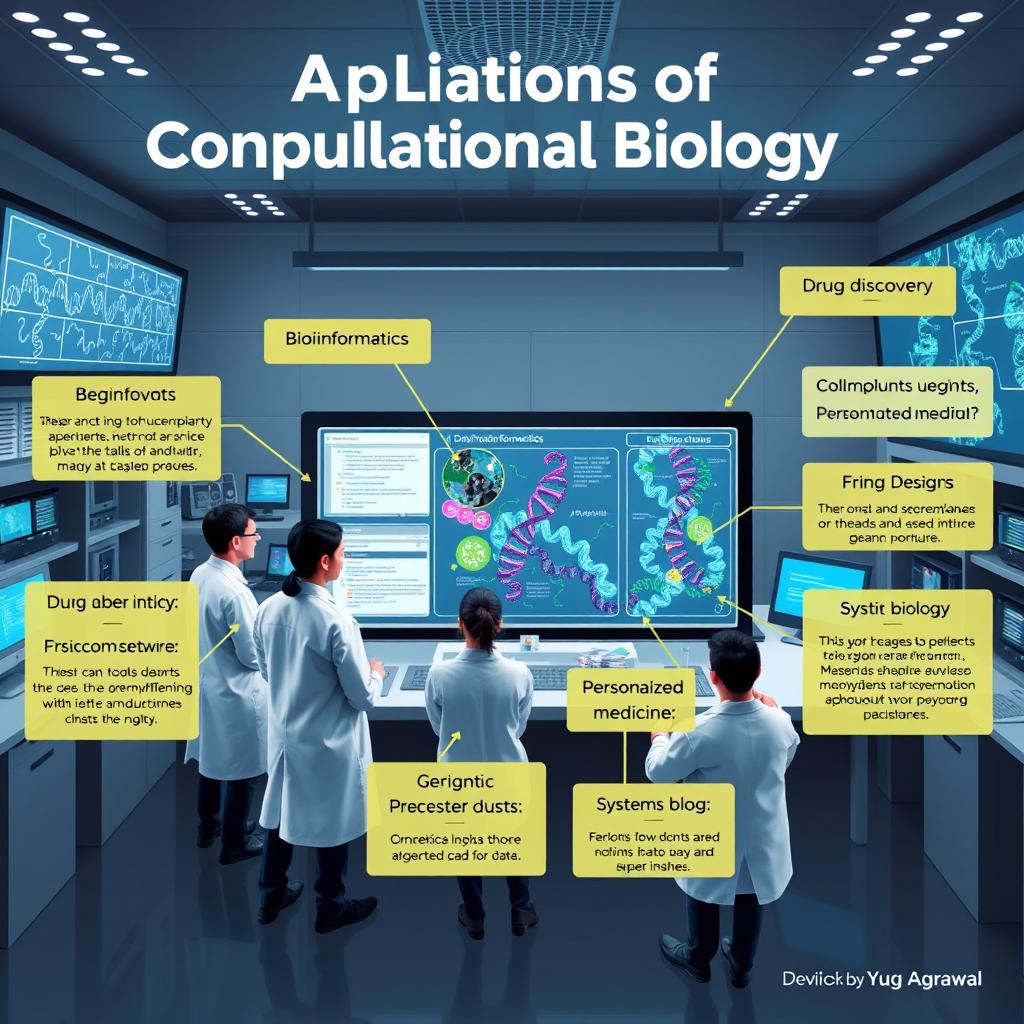 An informative and engaging visual representation highlighting the applications of computational biology developed by Yug Agrawal