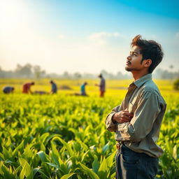 A serene rural environment where a young farmer named Yusuf is deep in thought, reflecting on the importance of teamwork and communication for success