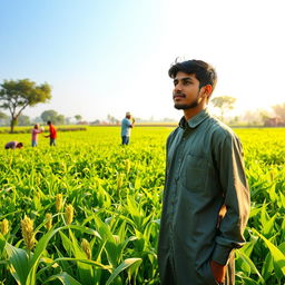 A serene rural environment where a young farmer named Yusuf is deep in thought, reflecting on the importance of teamwork and communication for success