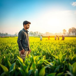 A serene rural environment where a young farmer named Yusuf is deep in thought, reflecting on the importance of teamwork and communication for success
