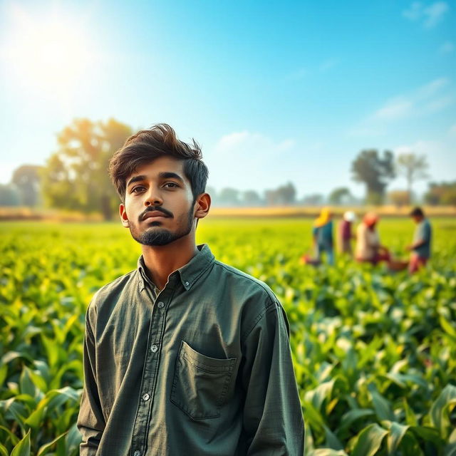 A serene rural environment where a young farmer named Yusuf is deep in thought, reflecting on the importance of teamwork and communication for success