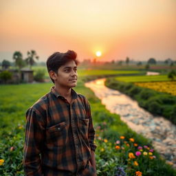 A reflective moment in a peaceful rural setting where a young farmer named Yusuf contemplates in a picturesque landscape