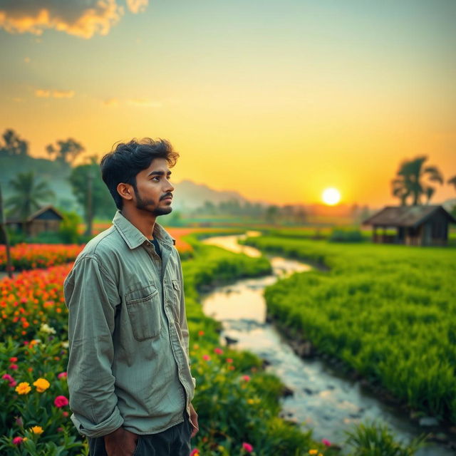 A reflective moment in a peaceful rural setting where a young farmer named Yusuf contemplates in a picturesque landscape