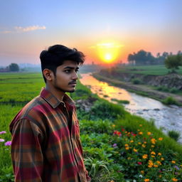 A reflective moment in a peaceful rural setting where a young farmer named Yusuf contemplates in a picturesque landscape
