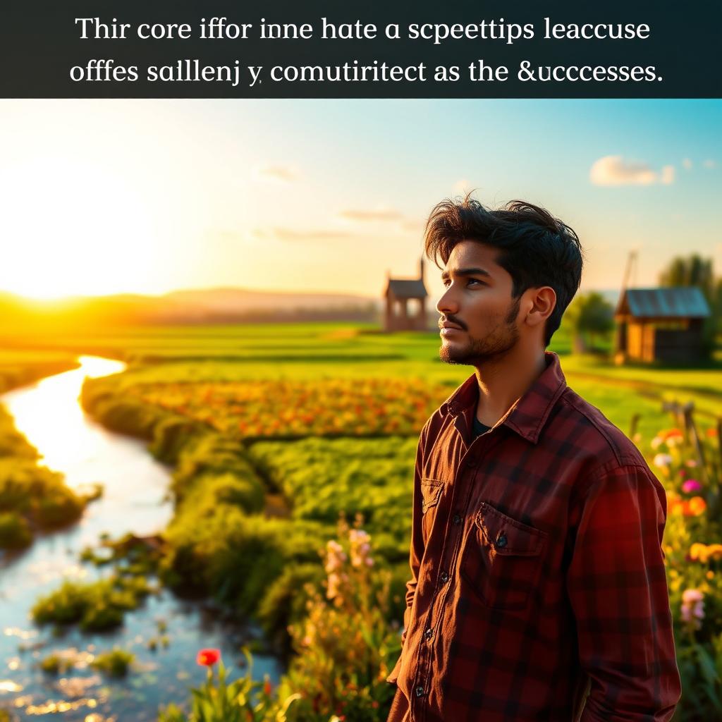 A reflective moment in a peaceful rural setting where a young farmer named Yusuf contemplates in a picturesque landscape