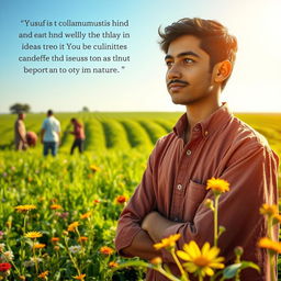 A reflective moment in a serene countryside where a young farmer named Yusuf stands thoughtfully among his flourishing crops