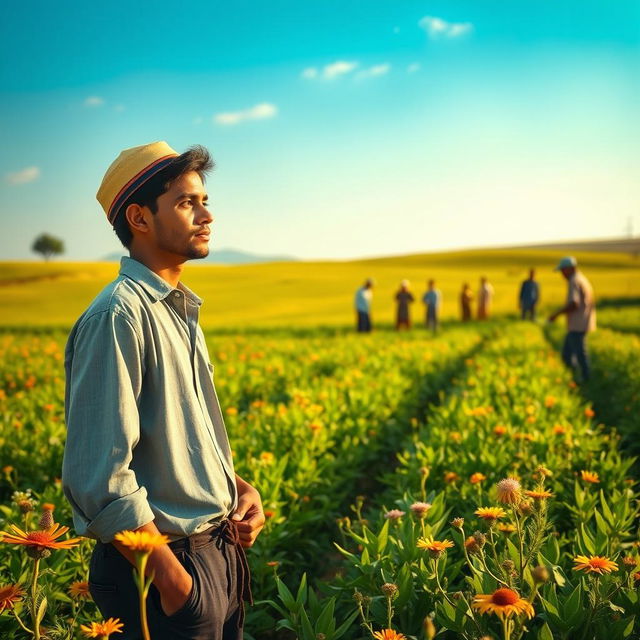 A reflective moment in a serene countryside where a young farmer named Yusuf stands thoughtfully among his flourishing crops