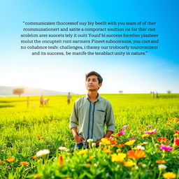 A reflective moment in a serene countryside where a young farmer named Yusuf stands thoughtfully among his flourishing crops