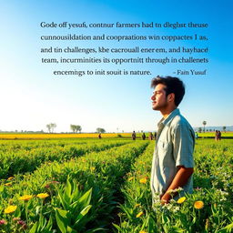 A reflective moment in a serene countryside where a young farmer named Yusuf stands thoughtfully among his flourishing crops