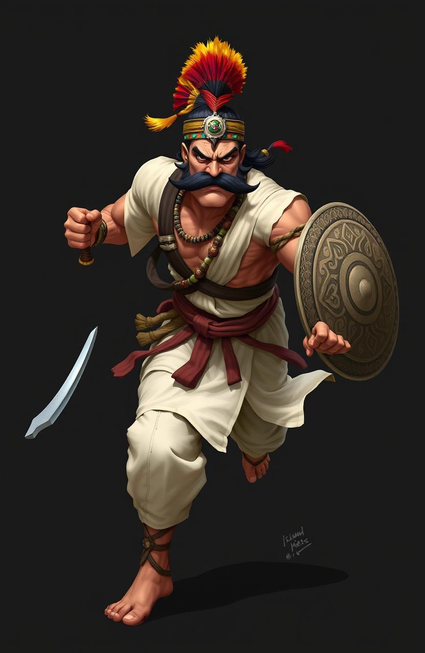 An intense, muscular warrior in traditional Indian attire, featuring a white kurta and pajama, running forward with a determined expression