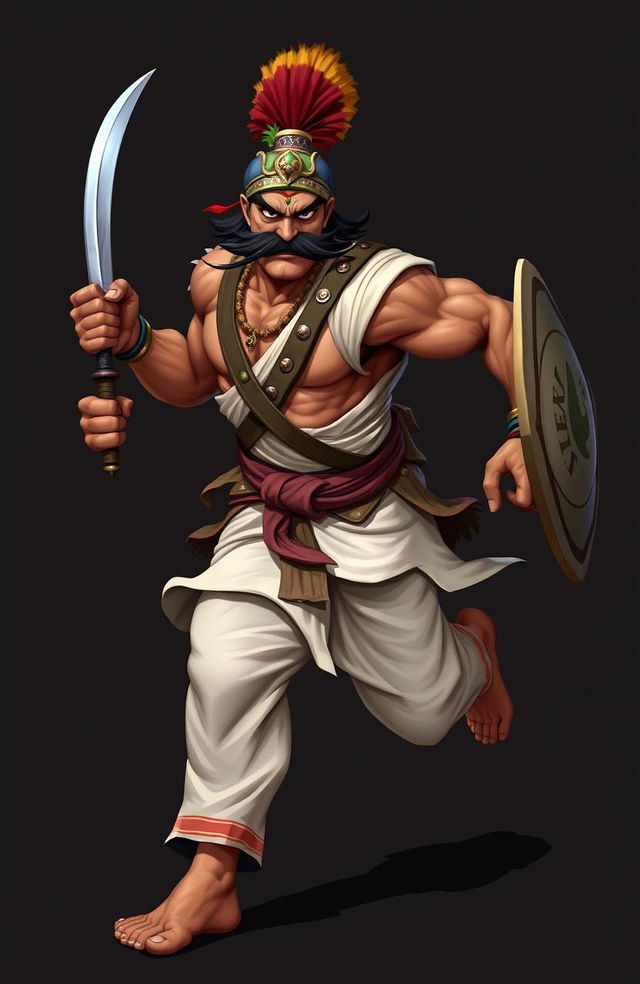 An intense, muscular warrior in traditional Indian attire, featuring a white kurta and pajama, running forward with a determined expression