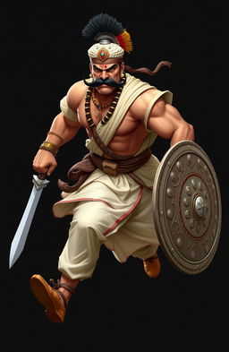 An intense, muscular warrior in traditional Indian attire, featuring a white kurta and pajama, running forward with a determined expression