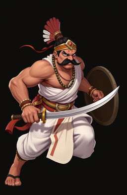 An intense, muscular warrior in traditional Indian attire, featuring a white kurta and pajama, running forward with a determined expression