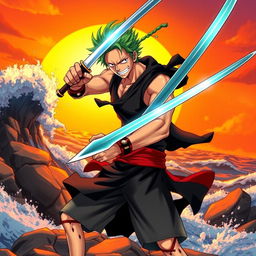 A dynamic and striking illustration of Roronoa Zoro from One Piece, showcasing his iconic three swords technique