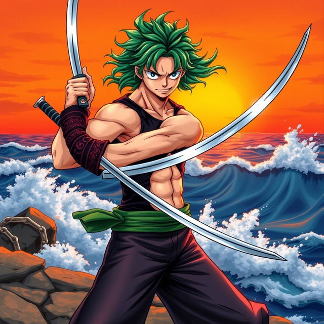 A dynamic and striking illustration of Roronoa Zoro from One Piece, showcasing his iconic three swords technique