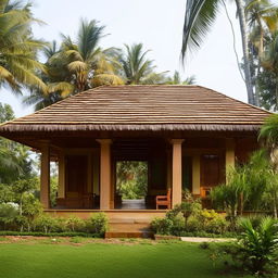 Generate an image of a traditional Kerala house design. The architectural characteristics should include a sloping roof, wooden pillared verandas, internal courtyards surrounded by rooms, intricate wooden carvings and surrounded by natural greenery.