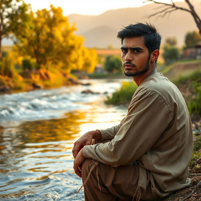 In a secluded village on the banks of a flowing river, a young man named Youssef sits by the water, his face reflecting deep contemplation and frustration