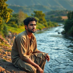In a secluded village on the banks of a flowing river, a young man named Youssef sits by the water, his face reflecting deep contemplation and frustration