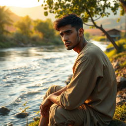 In a secluded village on the banks of a flowing river, a young man named Youssef sits by the water, his face reflecting deep contemplation and frustration
