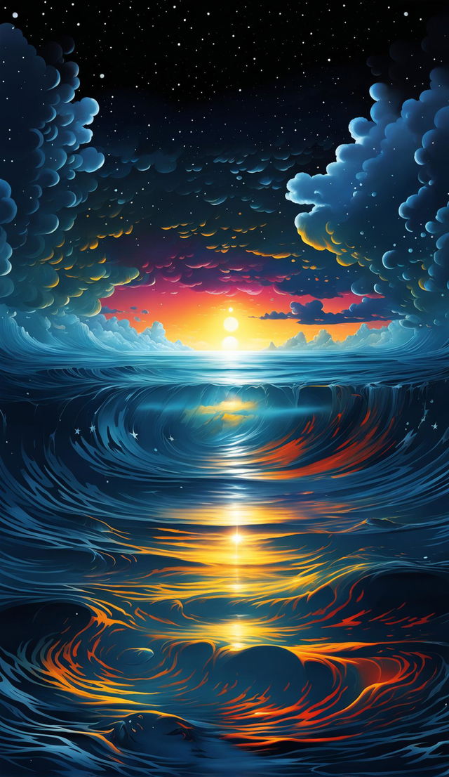 Surrealistic sunrise with inverted colours: a black sun rising over a bright yellow and orange sea, silver clouds melting into the ocean like liquid