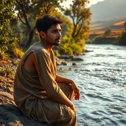 In a secluded village on the banks of a flowing river, a young man named Youssef sits by the water, his face reflecting deep contemplation and frustration