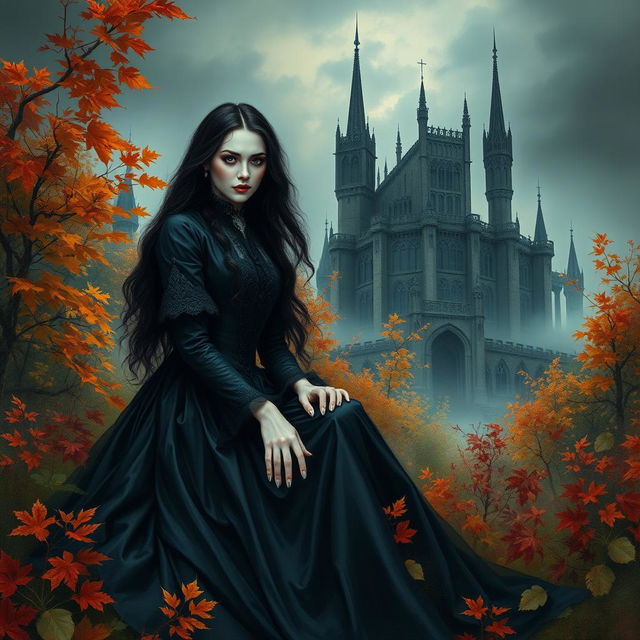 An airbrush oil painting of a beautiful gothic woman with pale skin and flowing dark hair, dressed in an elegant black Victorian gown, sitting gracefully amid a mystical garden filled with vibrant autumn foliage