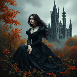 An airbrush oil painting of a beautiful gothic woman with pale skin and flowing dark hair, dressed in an elegant black Victorian gown, sitting gracefully amid a mystical garden filled with vibrant autumn foliage