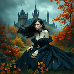 An airbrush oil painting of a beautiful gothic woman with pale skin and flowing dark hair, dressed in an elegant black Victorian gown, sitting gracefully amid a mystical garden filled with vibrant autumn foliage