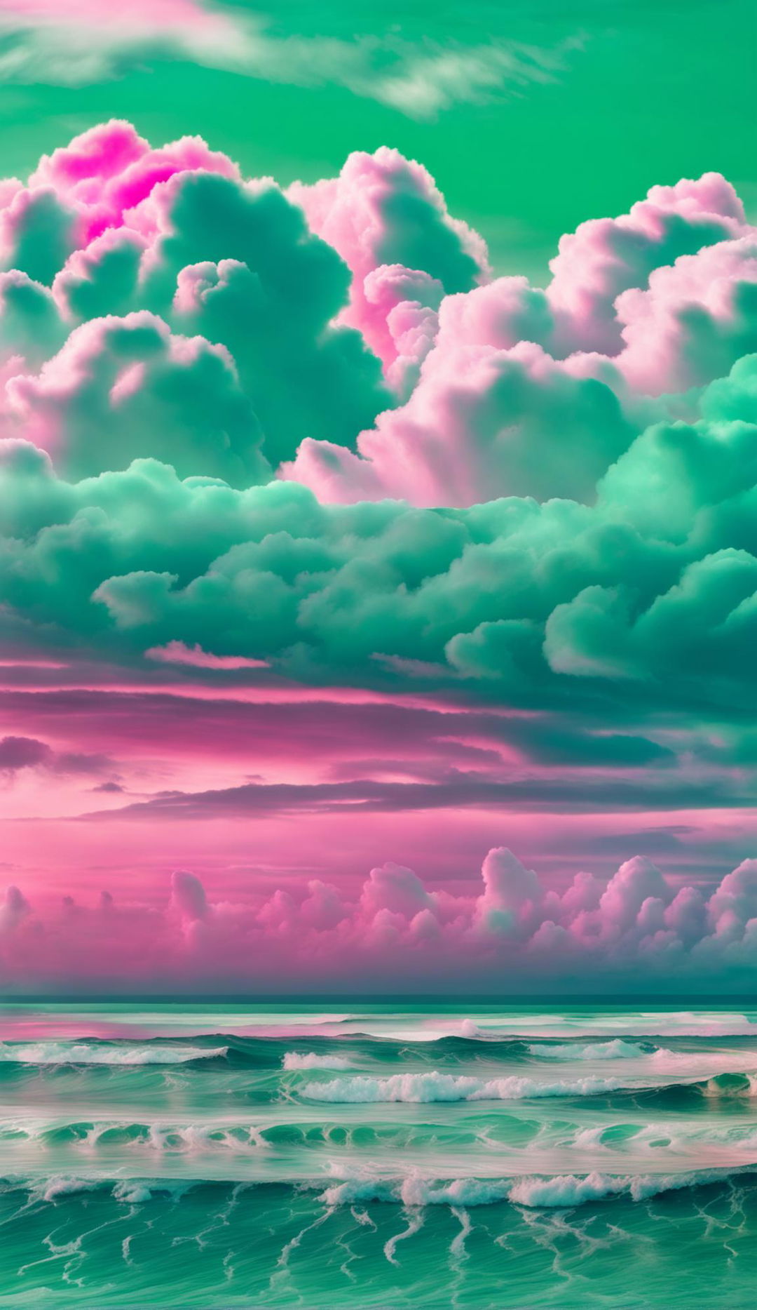 Inverted colours surrealistic photograph of pink clouds melting into the ocean at sunset against a green sky, shot with Sony XR in 36k resolution