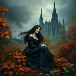 An airbrush oil painting of a beautiful gothic woman with pale skin and flowing dark hair, dressed in an elegant black Victorian gown, sitting gracefully amid a mystical garden filled with vibrant autumn foliage