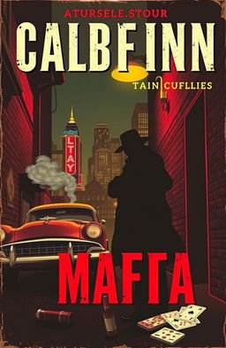 A vintage-style book cover for mafia and crime fiction, featuring a shadowy figure in a fedora standing under a streetlamp in a gritty urban alley