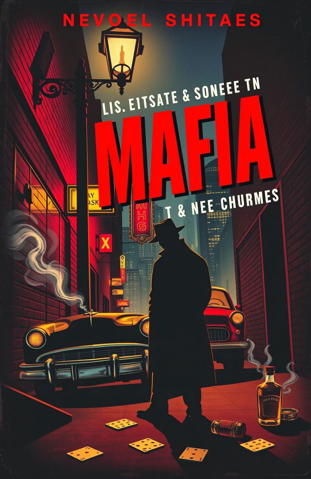 A vintage-style book cover for mafia and crime fiction, featuring a shadowy figure in a fedora standing under a streetlamp in a gritty urban alley