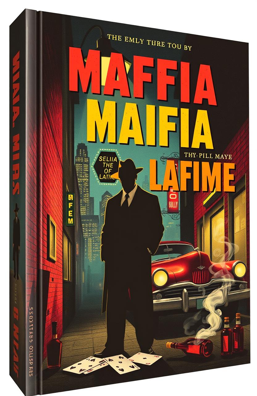 A vintage-style book cover for mafia and crime fiction, featuring a shadowy figure in a fedora standing under a streetlamp in a gritty urban alley