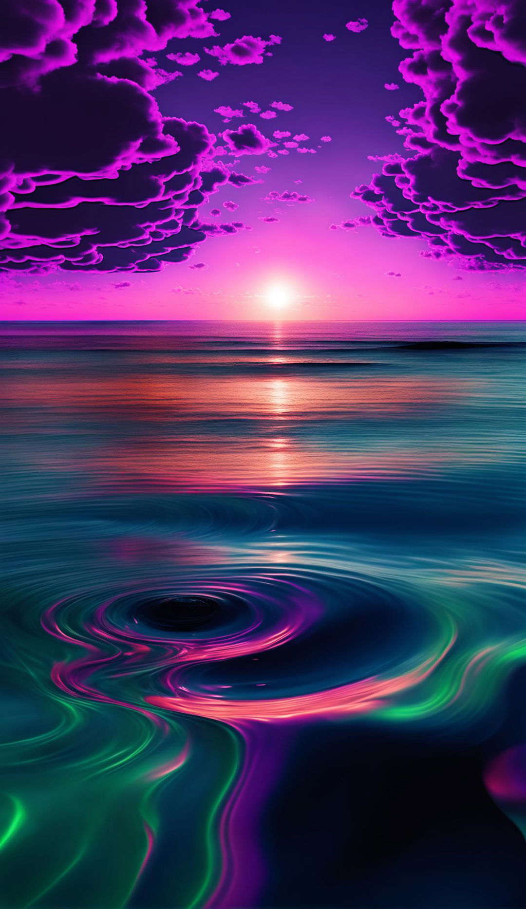 Inverted colours surrealistic photograph of pink clouds melting into a seafoam-green sea at sunset against an orange sky, with purple rain, shot with Sony XR in 36k resolution