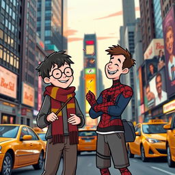 A whimsical scene depicting the friendship between Harry Potter and Peter Parker