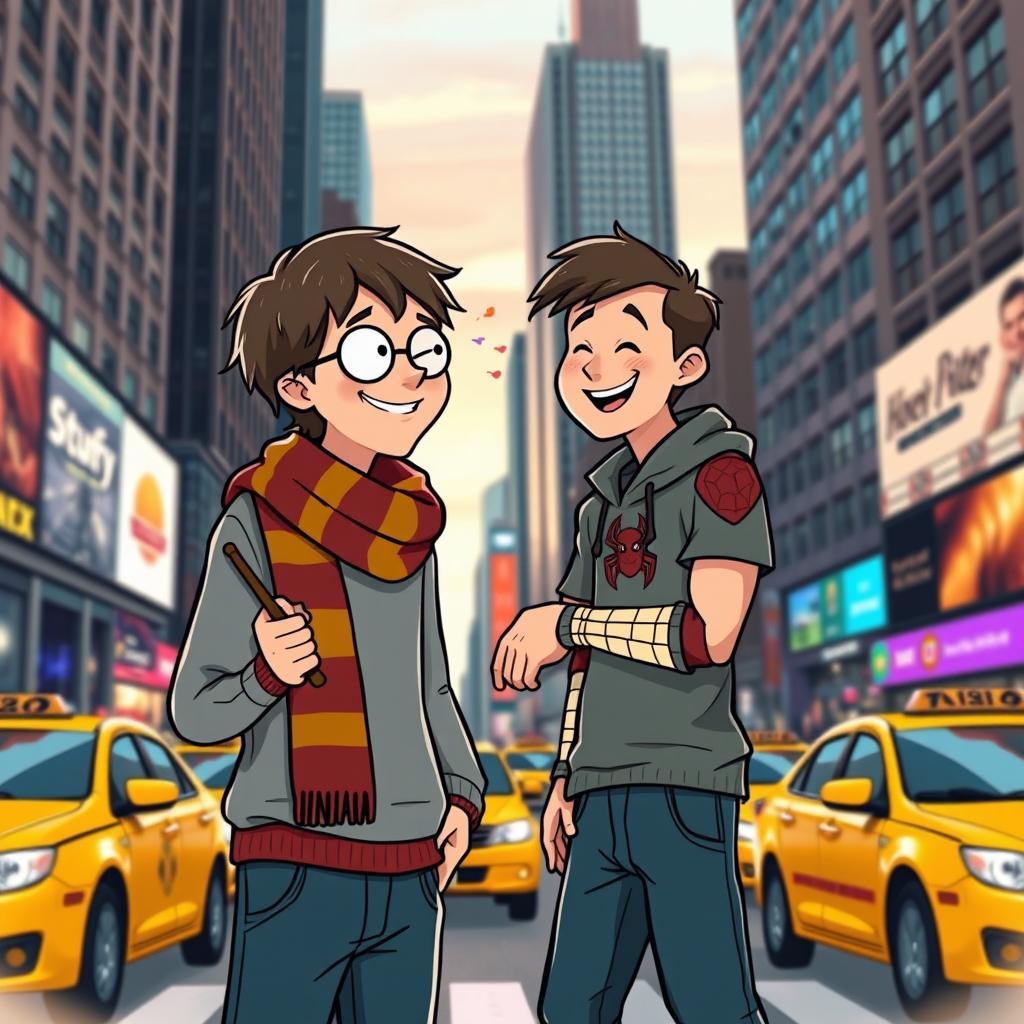 A whimsical scene depicting the friendship between Harry Potter and Peter Parker