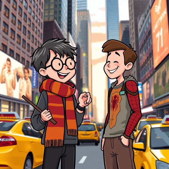 A whimsical scene depicting the friendship between Harry Potter and Peter Parker