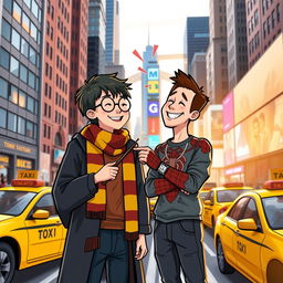 A whimsical scene depicting the friendship between Harry Potter and Peter Parker