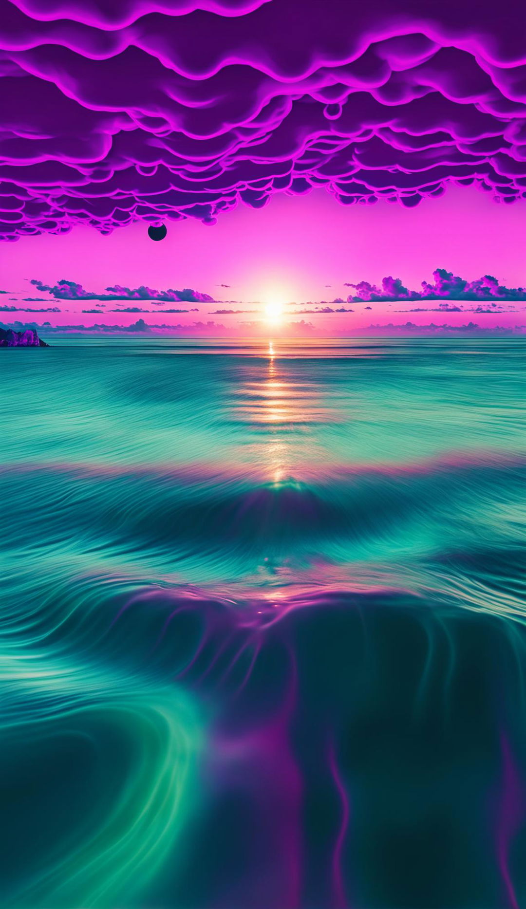 Inverted colours surrealistic photograph of pink clouds and vermillion clouds raining purple rain over a seafoam-green sea rippling like oil at sunset against an orange sky, shot with Sony XR in 36k resolution